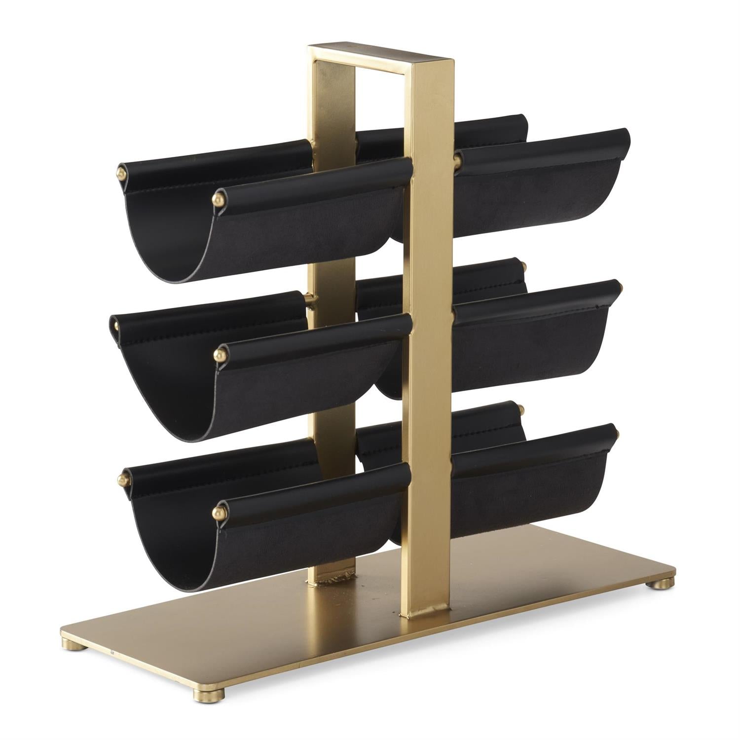 K&K Interiors 16.5" Black Faux Leather and Brass Wine Bottle Storage