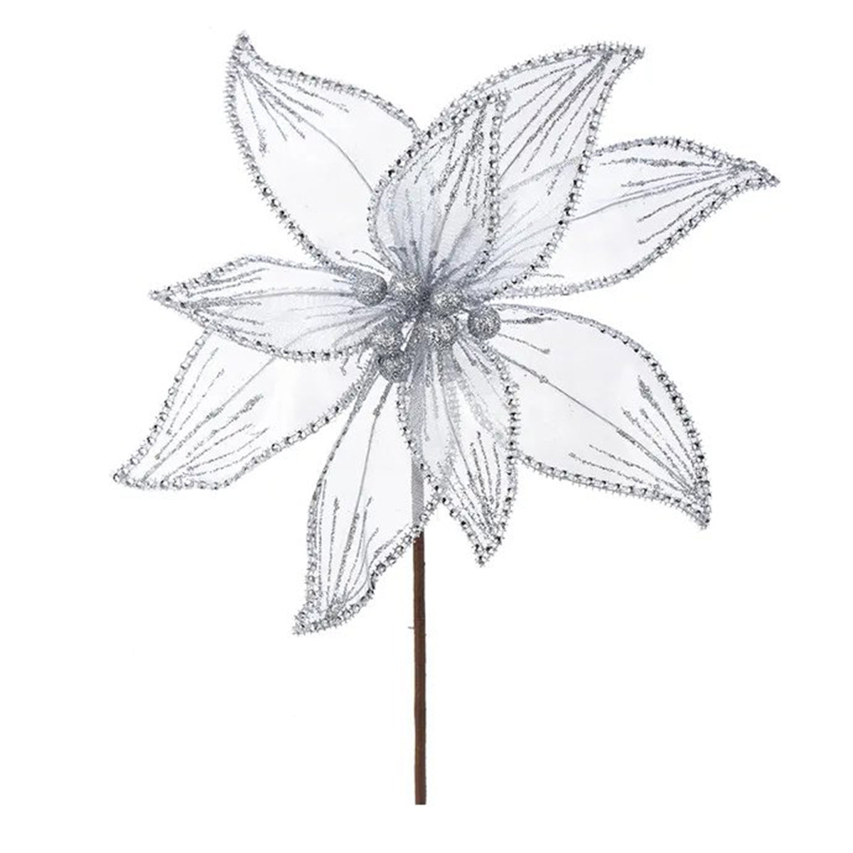 Kurt Adler Sheer Silver Poinsettia Pick