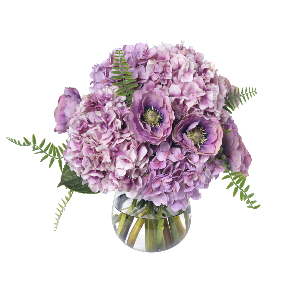 An image of Diane James Lavender hydrangea and anemones in gray glass vase