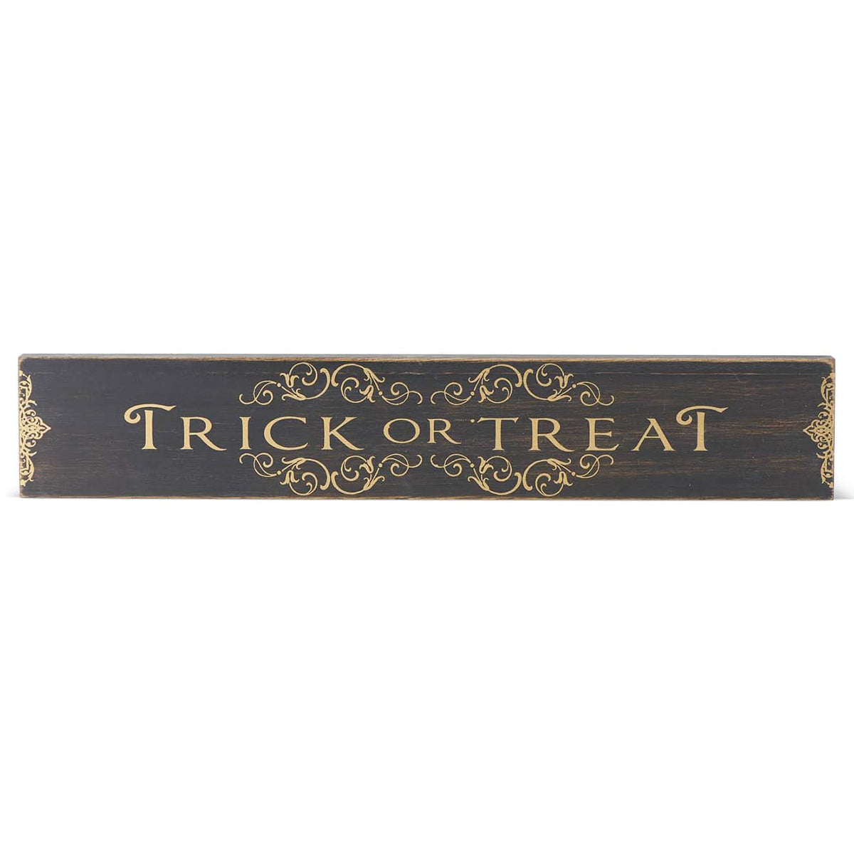 An image of K & K Trick or Treat Tabletop Wooden Message Sign with Gold