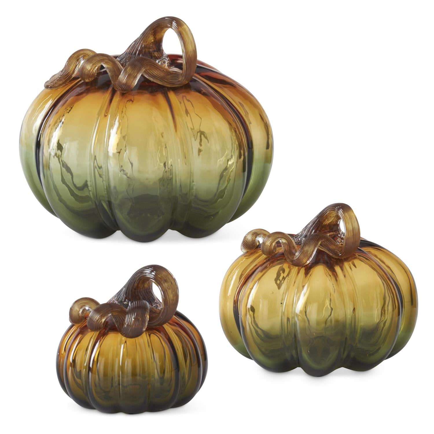 An image of K&K Interiors Green & Amber Glass Pumpkins - Set of 3
