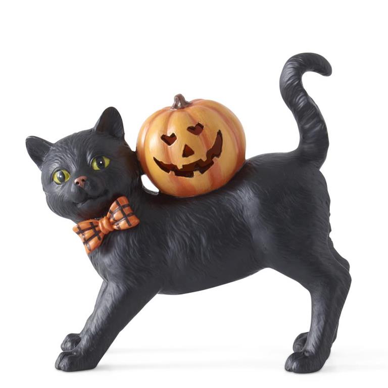 An image of K&K Interiors 6.75" Black Cat w LED Jack-o-lantern