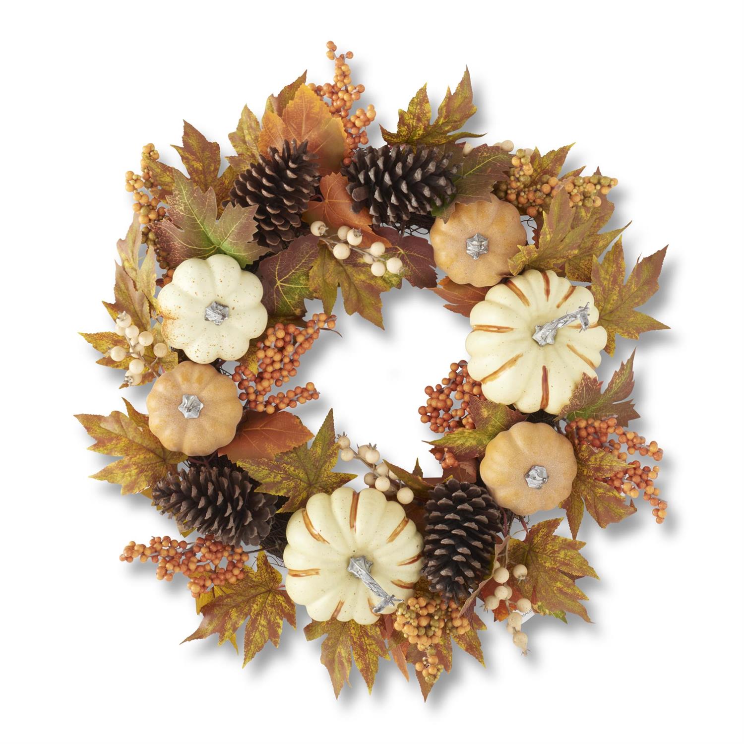 An image of K&K Interiors 24" Fall Leaf, Berry and Pumpkin Wreath