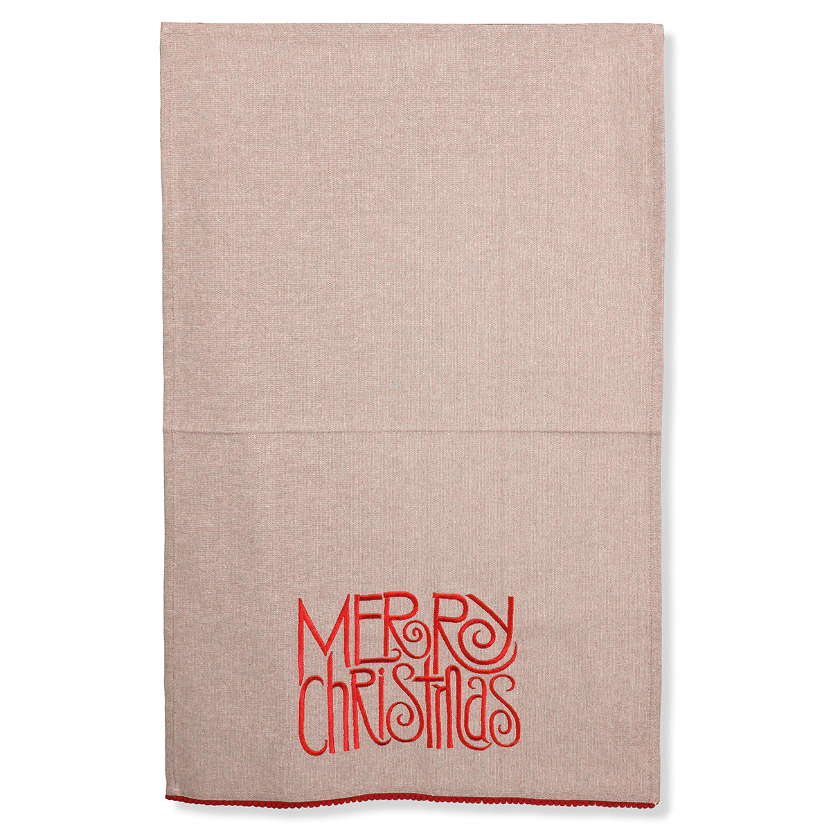 K & K Interiors  Gray Cotton Towel w Red Embroidered - Merry Christmas