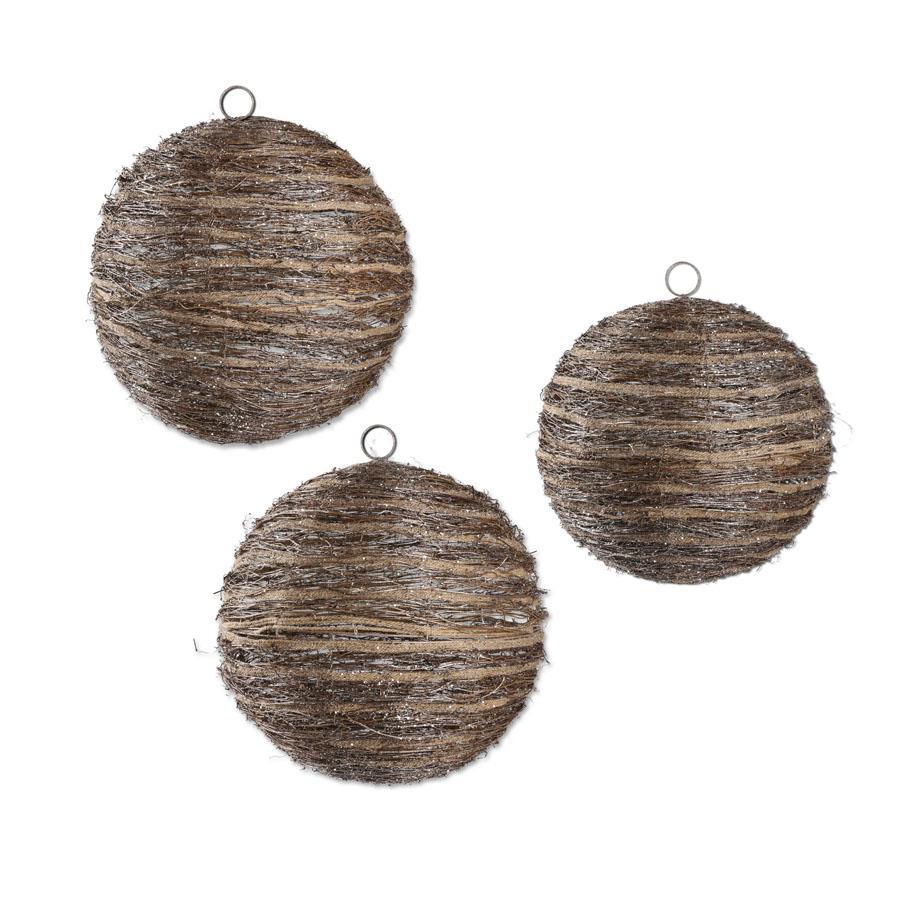K & K Glittered Rattan and Sisal Large Round Ornament - Set of 3
