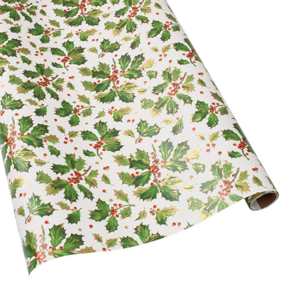 Caspari Gilded Holly White Gift Wrap