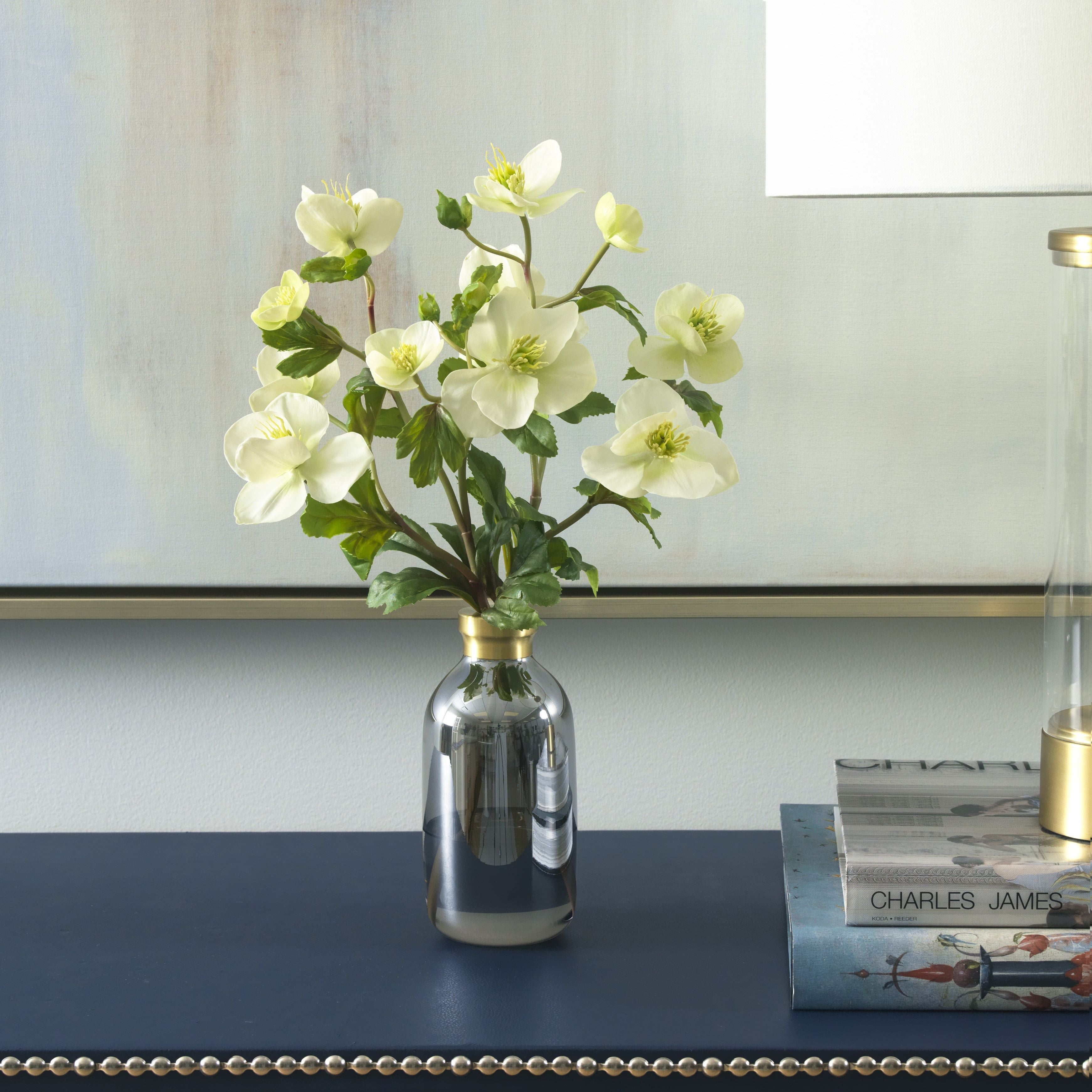 Diane James White Hellebores in Bud Vase, Grey with Gold