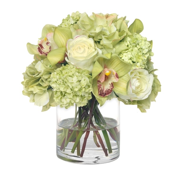 Diane James Hydrangea and orchid bouquet in glass cylinder - 10"d x 10"h