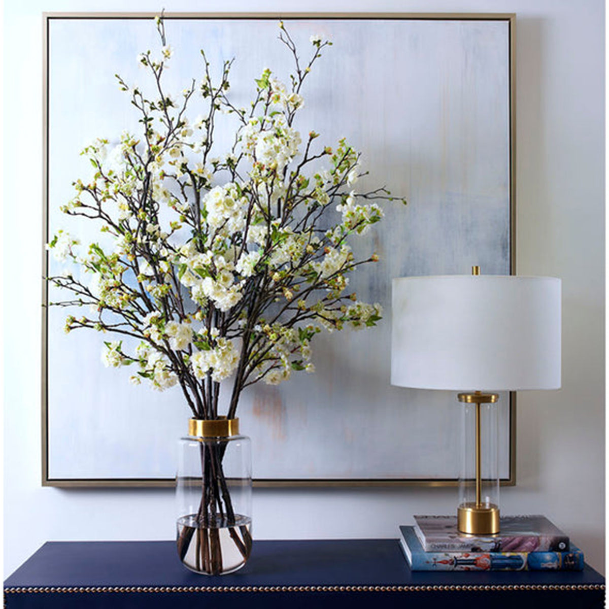 Diane James Mixed blossom branches in tall vase with gold band -36" x 48"
