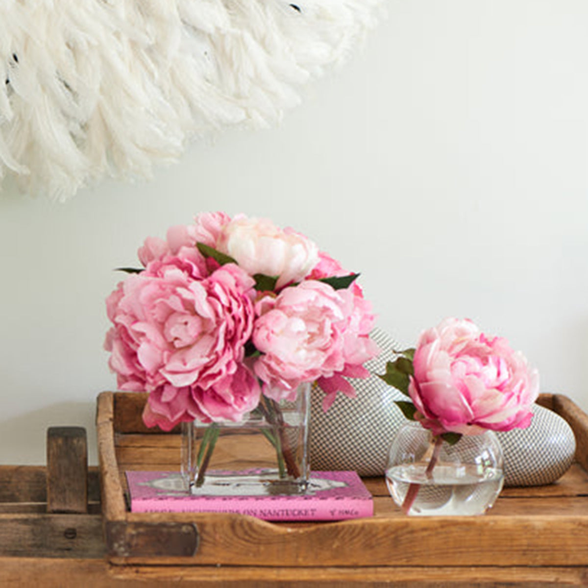 Diane James Pink Peony blossom in glass bowl - 7"d x 7"h