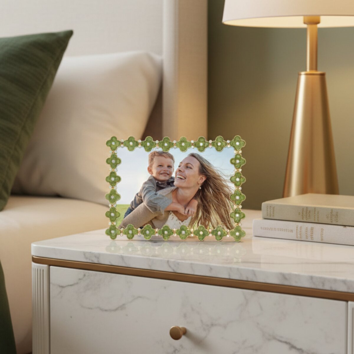An image of Olivia Riegel Gold Celedon Enamel Clover 5" x7" Picture Frame