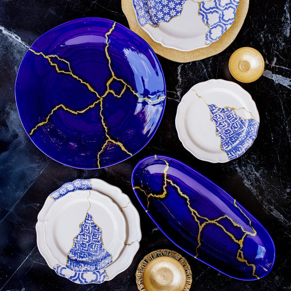 Vietri Storia Blue and Gold Oval Platter